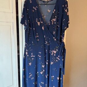 Chaps Navy Floral Wrap Dress with Pink Blossoms